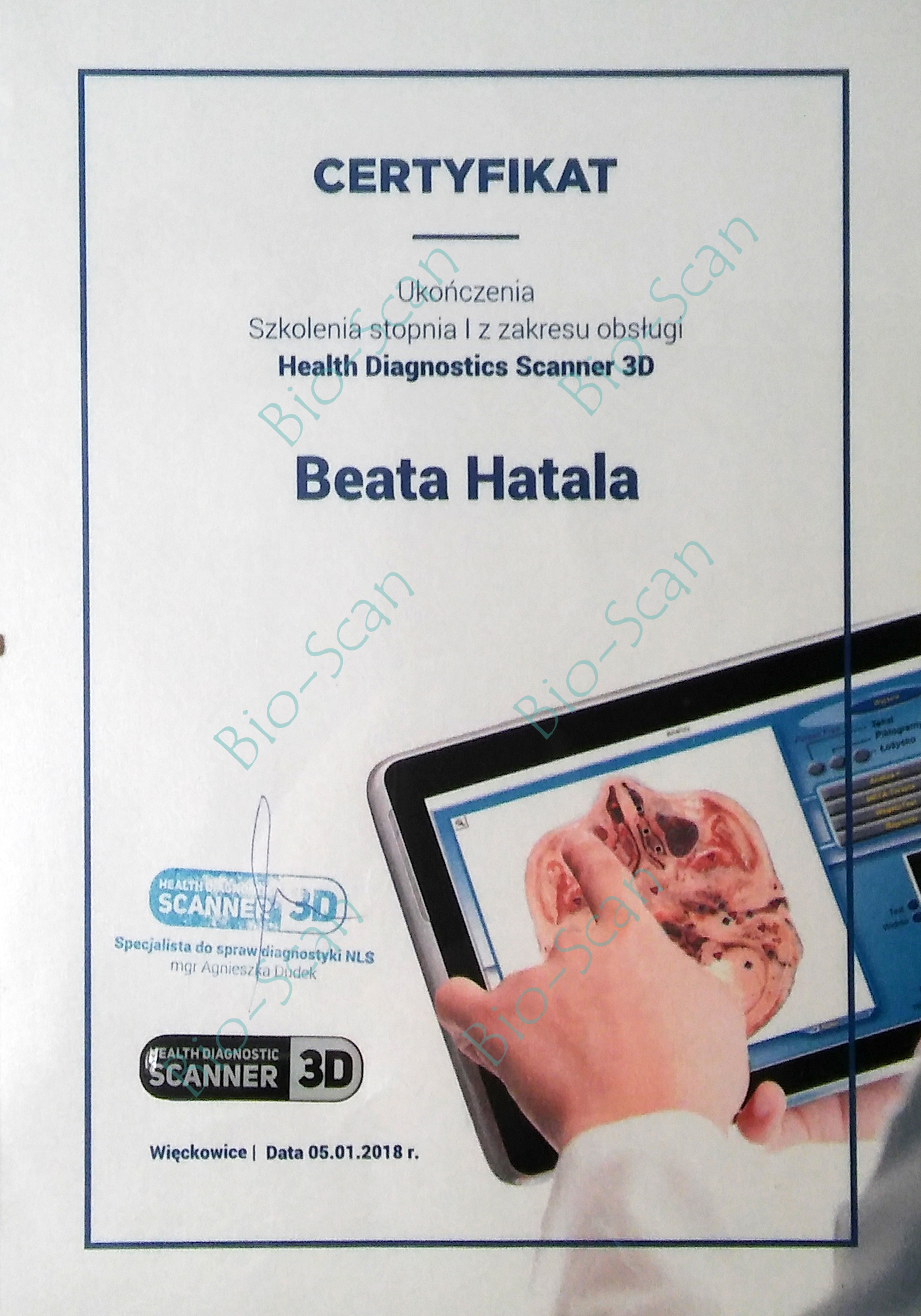 Certyfikat ukończenia szkoleniastopnia 1 z zakresu obsługi Health Diagnostics Scanner 3D