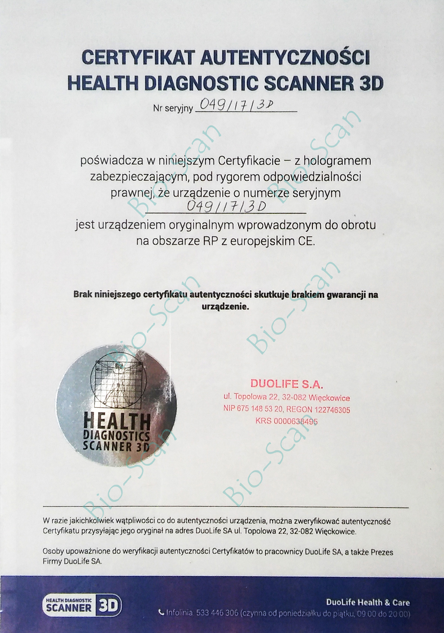 Certyfikat autentyczności urządzenia Health Diagnostics Scanner 3D