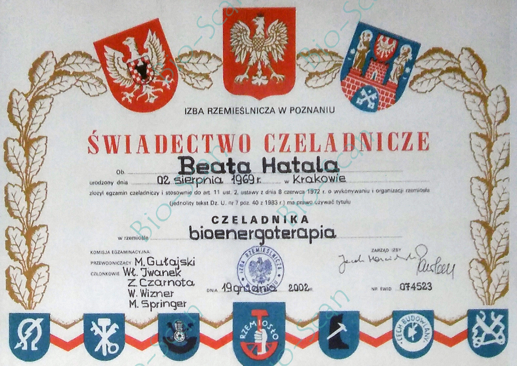 Świadectwo czeladnicze - Bioenergioterapia
