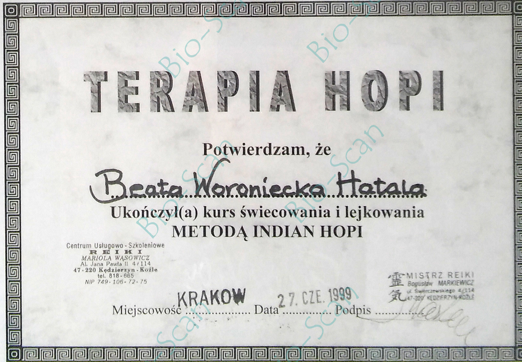 Świadectwo ukończenia kursu świecowania i lejkowania metodą Indian Hopi