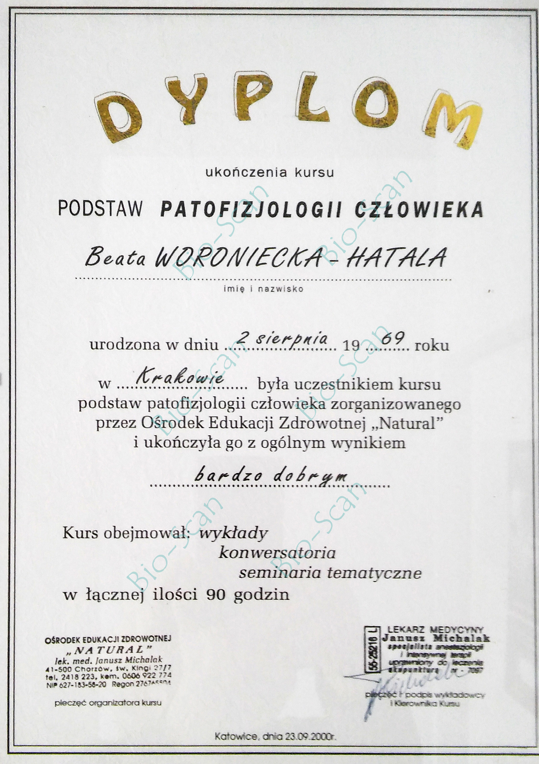 Dyplom ukończenia kursu Podstaw Patofizjologii Człowieka